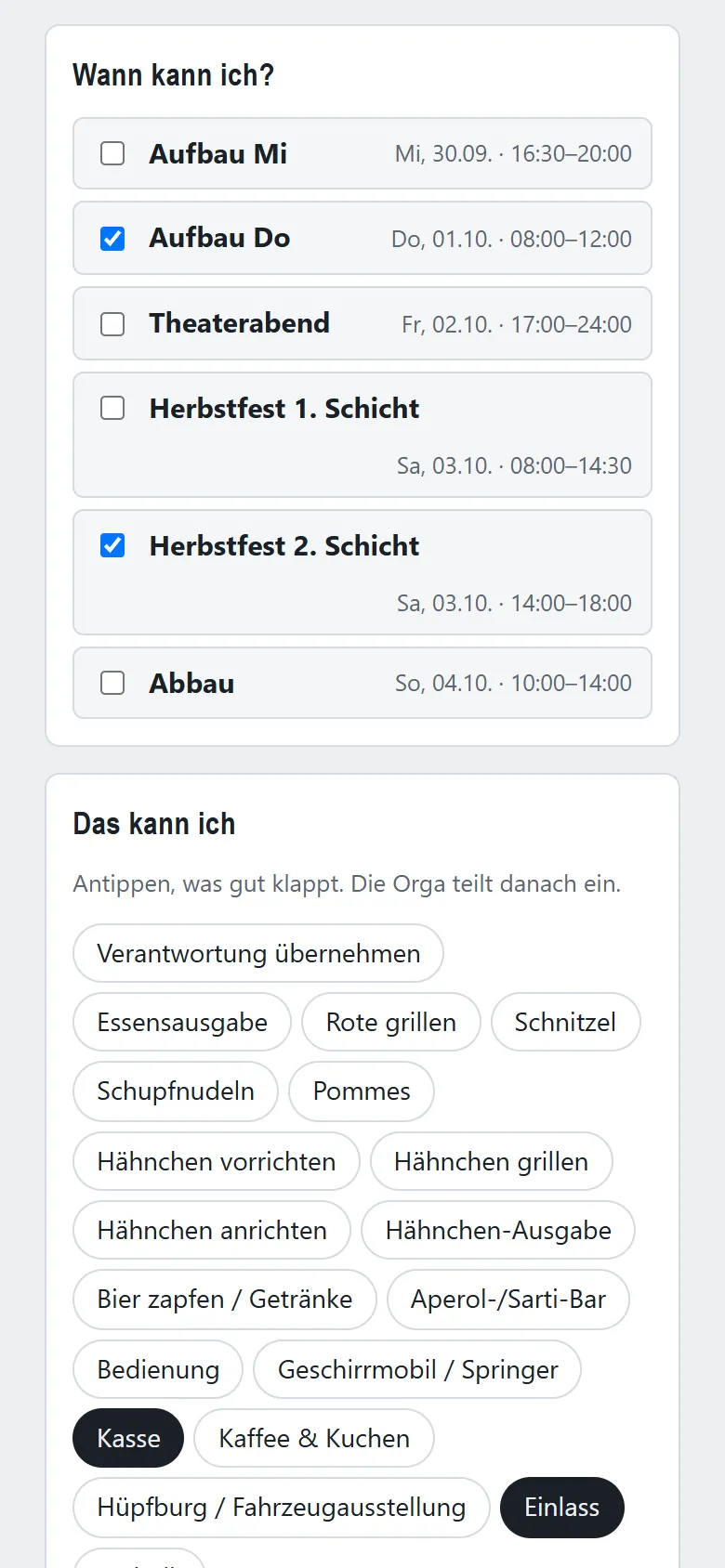 Eintragung am Handy: Ein Mitglied hakt ab, bei welchen Einsätzen es kann, und wählt aus, was es gut kann.