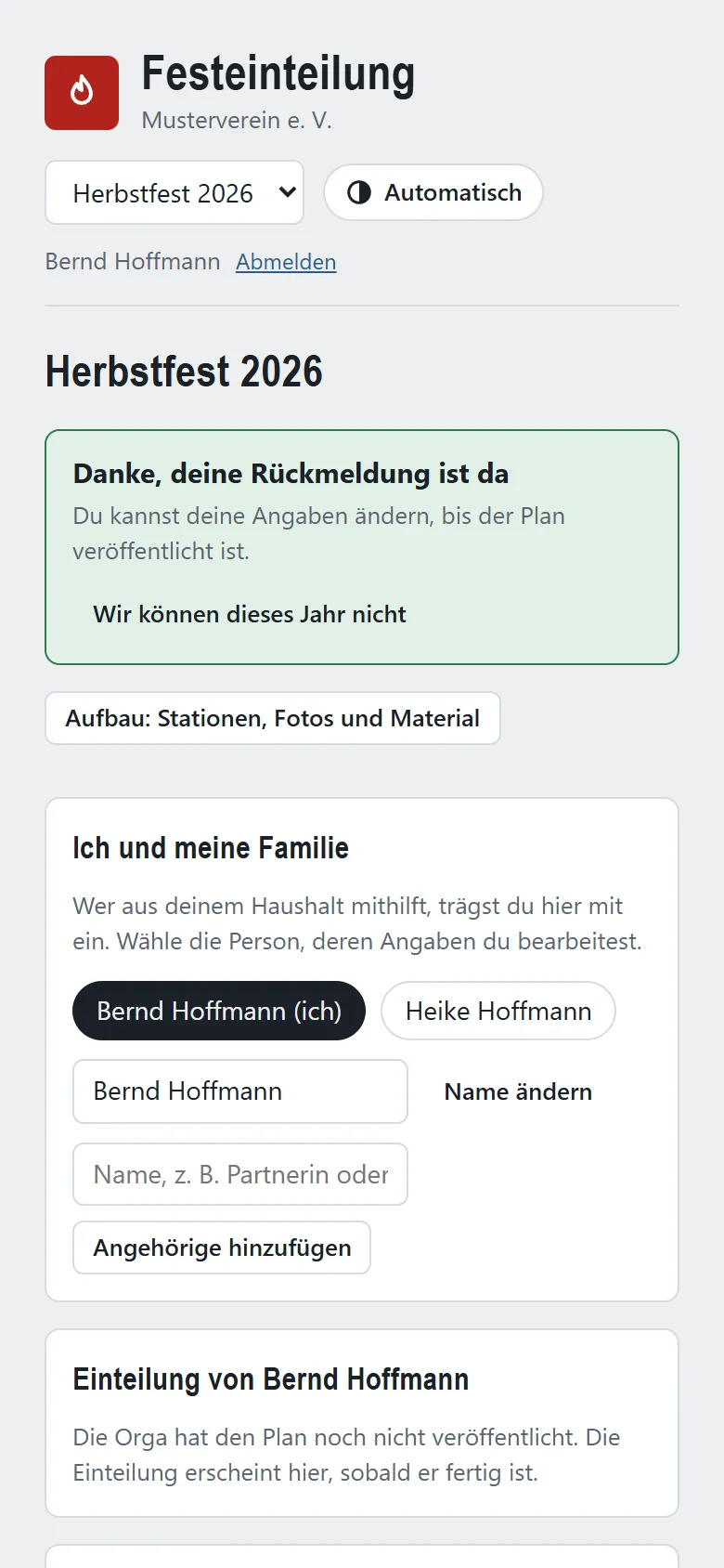 Startseite eines Mitglieds am Handy: Bestätigung der Rückmeldung und der Haushalt mit Bernd und Heike Hoffmann.