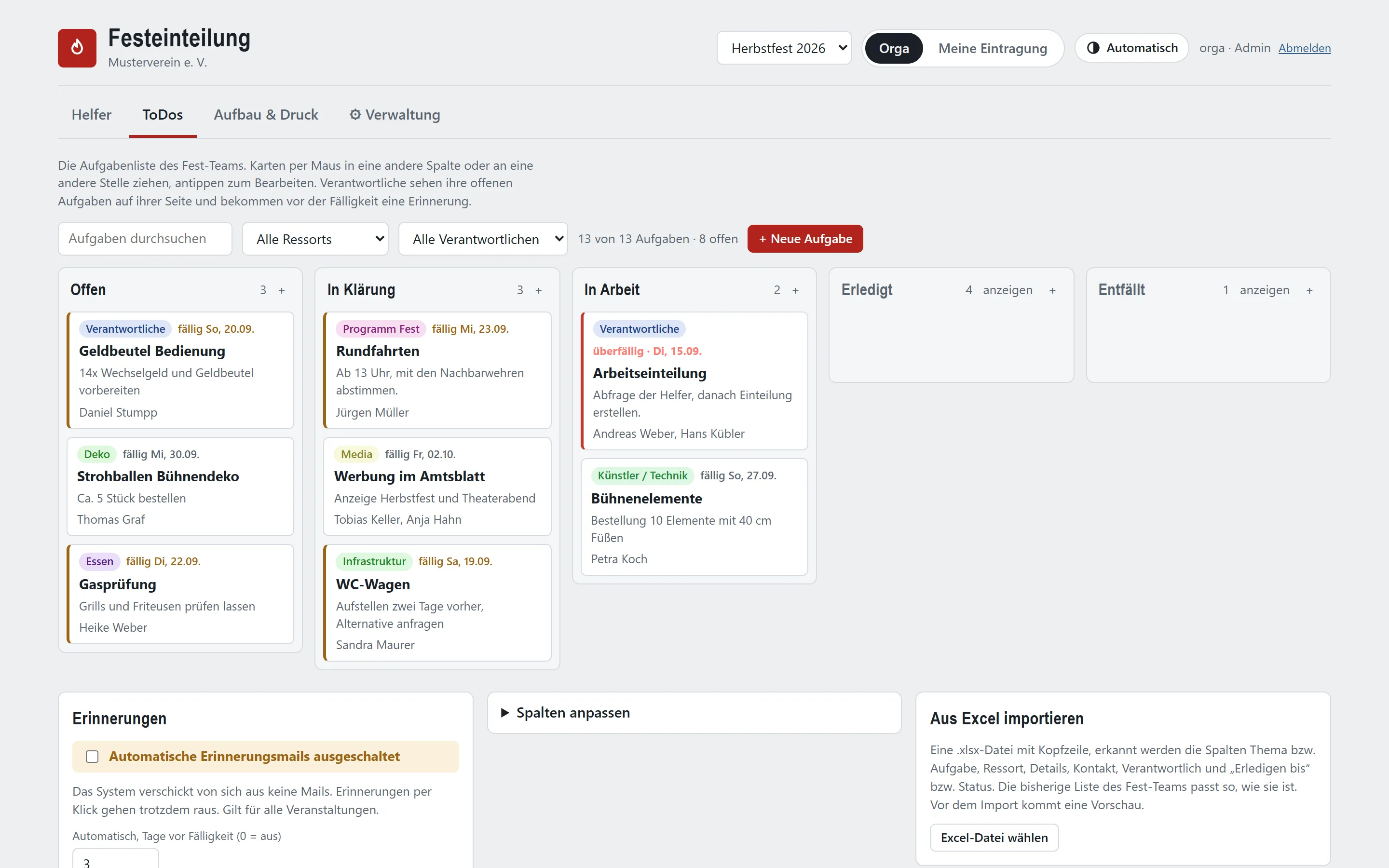 Die ToDos des Fest-Teams als Karten in den Spalten Offen, In Klärung, In Arbeit, Erledigt und Entfällt, jeweils mit Ressort, Fälligkeit und Verantwortlichen.